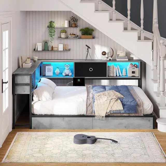 Alt view image 2 of 7 - Full Corner Bed Frame with Storage Drawers and Bookcase Headboard, Full Size Metal Platform Corner Bed Frame with Charging Station and LED Lights, Full Daybed for Kids Teens Guests,Black gray