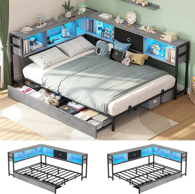 Main image of Full Corner Bed Frame with Storage Drawers and Bookcase Headboard, Full Size Metal Platform Corner Bed Frame with Charging Station and LED Lights, Full Daybed for Kids Teens Guests,Black gray