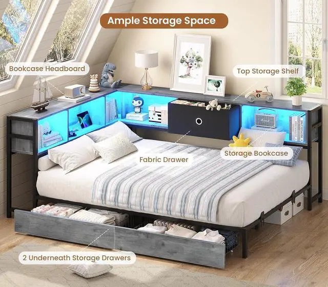 Alt view image 7 of 7 - Full Corner Bed Frame with Storage Drawers and Bookcase Headboard, Full Size Metal Platform Corner Bed Frame with Charging Station and LED Lights, Full Daybed for Kids Teens Guests,Black gray