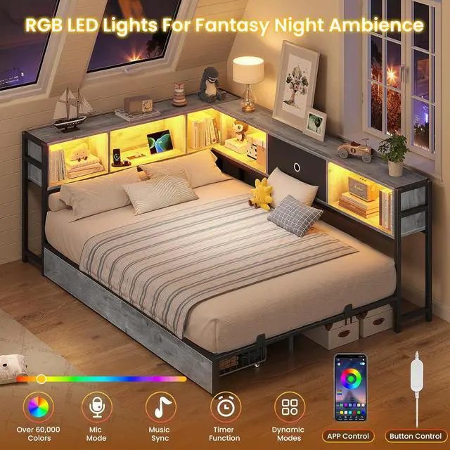 Alt view image 4 of 7 - Full Corner Bed Frame with Storage Drawers and Bookcase Headboard, Full Size Metal Platform Corner Bed Frame with Charging Station and LED Lights, Full Daybed for Kids Teens Guests,Black gray