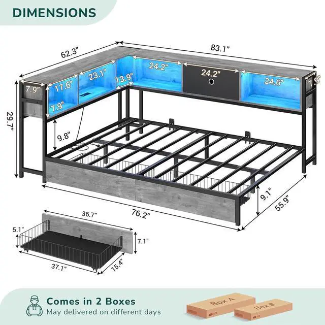 Alt view image 6 of 7 - Full Corner Bed Frame with Storage Drawers and Bookcase Headboard, Full Size Metal Platform Corner Bed Frame with Charging Station and LED Lights, Full Daybed for Kids Teens Guests,Black gray