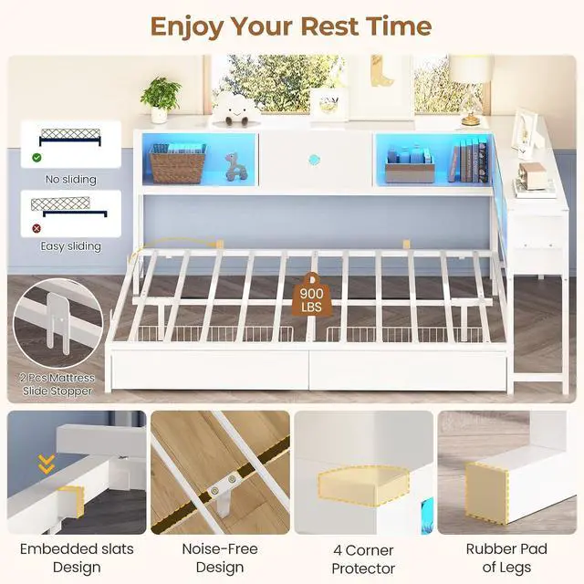 Alt view image 5 of 7 - Corner Full Bed Frame with Storage Drawers and Bookcase Headboard, Full Size Metal Platform Corner Bed Frame with Charging Station and LED Lights, Full Daybed for Kids Teens Guests, White