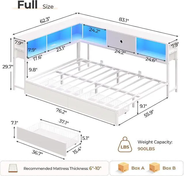 Alt view image 3 of 7 - Corner Full Bed Frame with Storage Drawers and Bookcase Headboard, Full Size Metal Platform Corner Bed Frame with Charging Station and LED Lights, Full Daybed for Kids Teens Guests, White