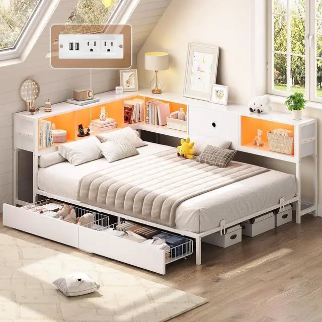 Main image of Corner Full Bed Frame with Storage Drawers and Bookcase Headboard, Full Size Metal Platform Corner Bed Frame with Charging Station and LED Lights, Full Daybed for Kids Teens Guests, White