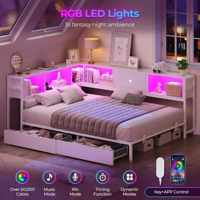 Alt view image 2 of 7 - Corner Full Bed Frame with Storage Drawers and Bookcase Headboard, Full Size Metal Platform Corner Bed Frame with Charging Station and LED Lights, Full Daybed for Kids Teens Guests, White
