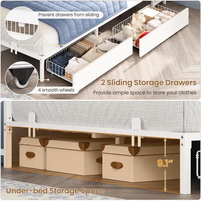 Alt view image 6 of 7 - Corner Full Bed Frame with Storage Drawers and Bookcase Headboard, Full Size Metal Platform Corner Bed Frame with Charging Station and LED Lights, Full Daybed for Kids Teens Guests, White