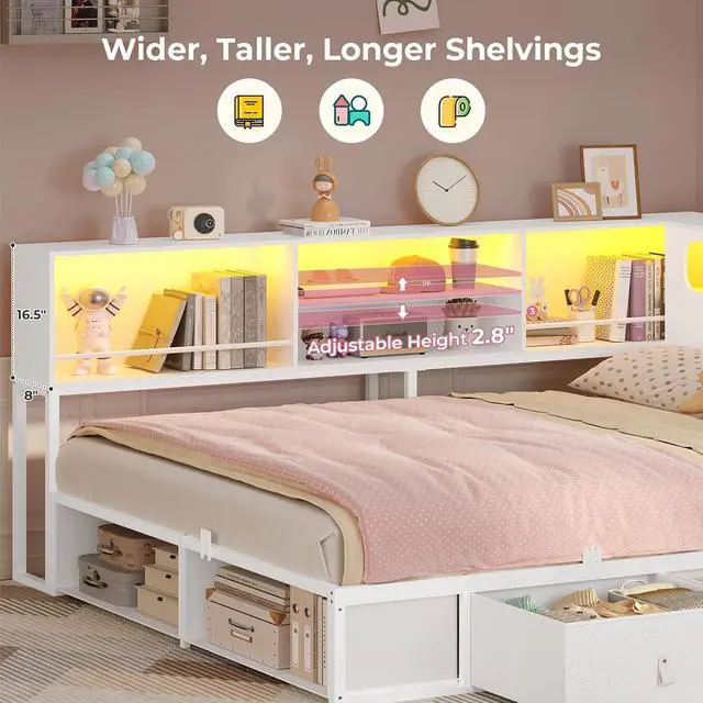 Alt view image 5 of 7 - Corner Bed Frame Full Size with Bookcase Storage & Headboard White | RGB Lights, Charging Station, Metal Daybed with 3 Drawers & 2 Open Cubbies, No Box Spring Needed, for Teens, Small Space,WHITE