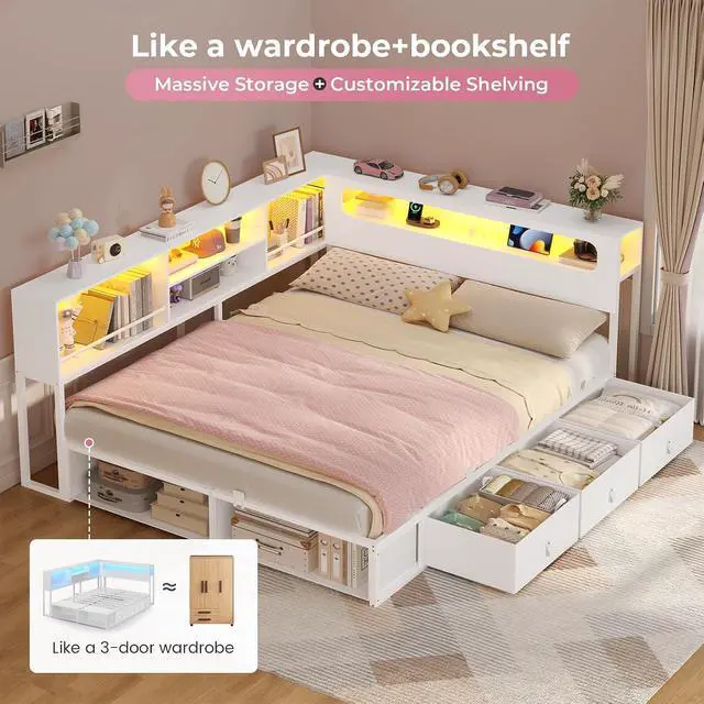 Alt view image 7 of 7 - Corner Bed Frame Full Size with Bookcase Storage & Headboard White | RGB Lights, Charging Station, Metal Daybed with 3 Drawers & 2 Open Cubbies, No Box Spring Needed, for Teens, Small Space,WHITE
