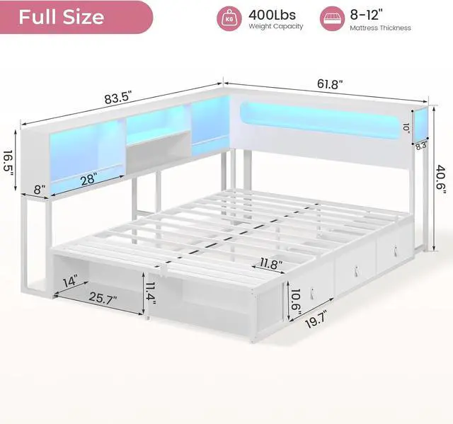 Alt view image 2 of 7 - Corner Bed Frame Full Size with Bookcase Storage & Headboard White | RGB Lights, Charging Station, Metal Daybed with 3 Drawers & 2 Open Cubbies, No Box Spring Needed, for Teens, Small Space,WHITE