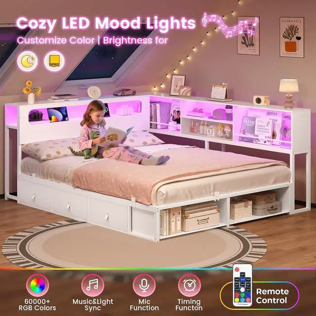 Alt view image 4 of 7 - Corner Bed Frame Full Size with Bookcase Storage & Headboard White | RGB Lights, Charging Station, Metal Daybed with 3 Drawers & 2 Open Cubbies, No Box Spring Needed, for Teens, Small Space,WHITE