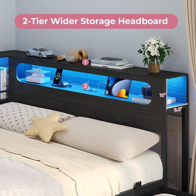 Alt view image 5 of 7 - Corner Bed Frame Full Size with Storage Bookcase &Headboard, Black | Power Outlet, RGB Lights, Metal Daybed with 3 Drawers & 2 Open Cubbies, for Teens, No Box Spring Needed, Small Space,Black
