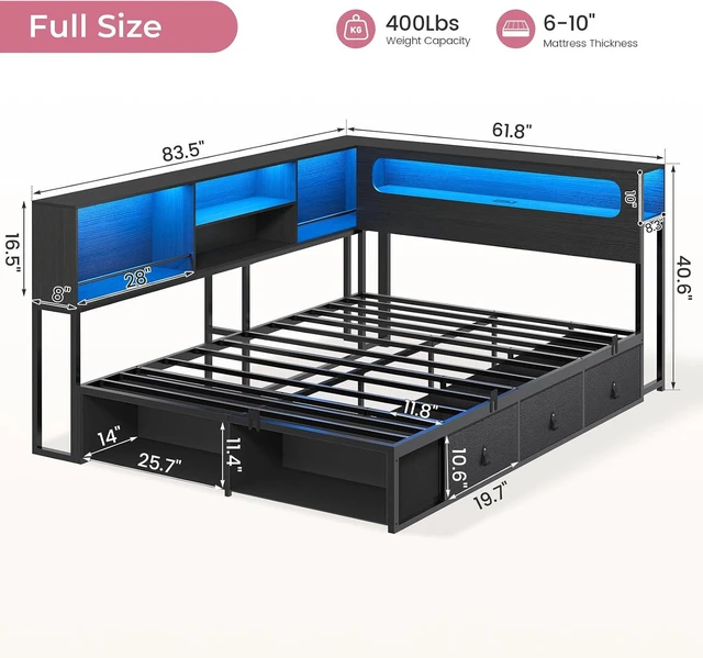 Alt view image 6 of 7 - Corner Bed Frame Full Size with Storage Bookcase &Headboard, Black | Power Outlet, RGB Lights, Metal Daybed with 3 Drawers & 2 Open Cubbies, for Teens, No Box Spring Needed, Small Space,Black