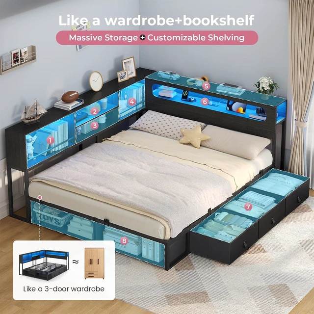 Alt view image 2 of 7 - Corner Bed Frame Full Size with Storage Bookcase &Headboard, Black | Power Outlet, RGB Lights, Metal Daybed with 3 Drawers & 2 Open Cubbies, for Teens, No Box Spring Needed, Small Space,Black