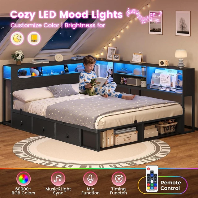 Alt view image 7 of 7 - Corner Bed Frame Full Size with Storage Bookcase &Headboard, Black | Power Outlet, RGB Lights, Metal Daybed with 3 Drawers & 2 Open Cubbies, for Teens, No Box Spring Needed, Small Space,Black