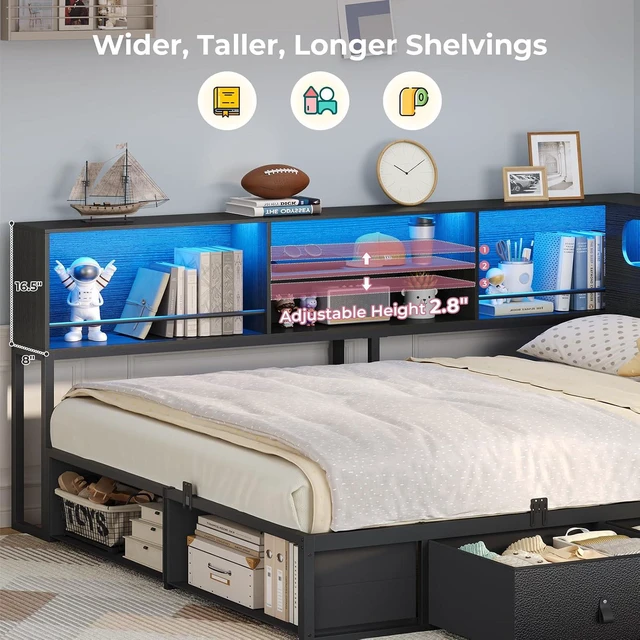 Alt view image 3 of 7 - Corner Bed Frame Full Size with Storage Bookcase &Headboard, Black | Power Outlet, RGB Lights, Metal Daybed with 3 Drawers & 2 Open Cubbies, for Teens, No Box Spring Needed, Small Space,Black