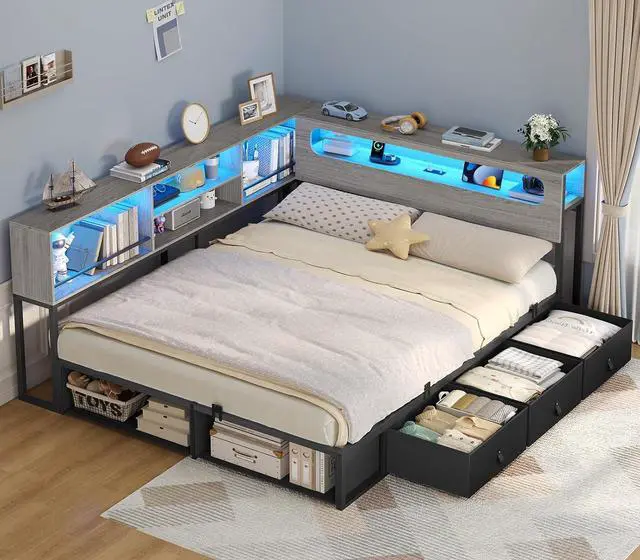 Main image of Corner Bed Frame Full Size with Bookcase Storage & Headboard, Grey | RGB Lights, Charging Station, Metal Daybed with 3 Drawers & 2 Open Cubbies, No Box Spring Needed, for Teens, Small Space,Black&oak