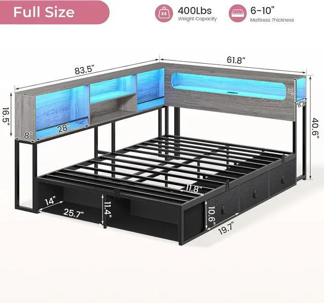 Alt view image 6 of 7 - Corner Bed Frame Full Size with Bookcase Storage & Headboard, Grey | RGB Lights, Charging Station, Metal Daybed with 3 Drawers & 2 Open Cubbies, No Box Spring Needed, for Teens, Small Space,Black&oak