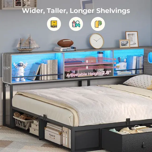 Alt view image 2 of 7 - Corner Bed Frame Full Size with Bookcase Storage & Headboard, Grey | RGB Lights, Charging Station, Metal Daybed with 3 Drawers & 2 Open Cubbies, No Box Spring Needed, for Teens, Small Space,Black&oak