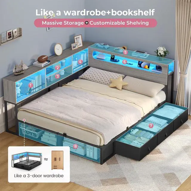 Alt view image 4 of 7 - Corner Bed Frame Full Size with Bookcase Storage & Headboard, Grey | RGB Lights, Charging Station, Metal Daybed with 3 Drawers & 2 Open Cubbies, No Box Spring Needed, for Teens, Small Space,Black&oak