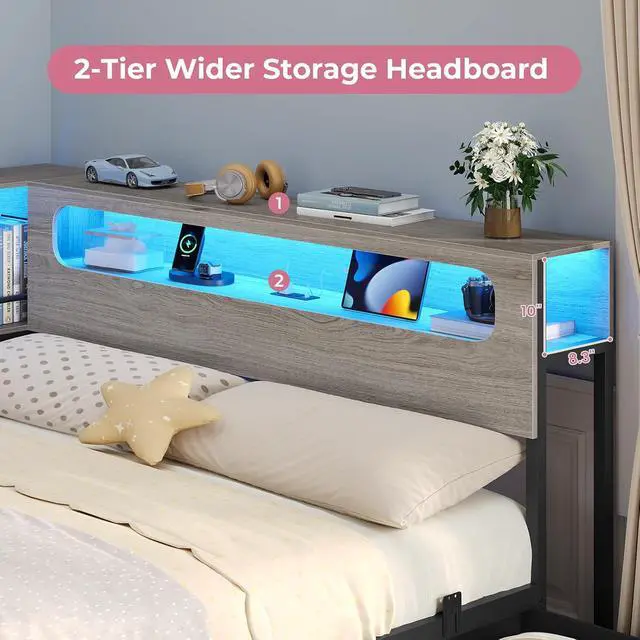 Alt view image 7 of 7 - Corner Bed Frame Full Size with Bookcase Storage & Headboard, Grey | RGB Lights, Charging Station, Metal Daybed with 3 Drawers & 2 Open Cubbies, No Box Spring Needed, for Teens, Small Space,Black&oak