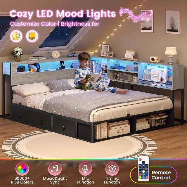 Alt view image 5 of 7 - Corner Bed Frame Full Size with Bookcase Storage & Headboard, Grey | RGB Lights, Charging Station, Metal Daybed with 3 Drawers & 2 Open Cubbies, No Box Spring Needed, for Teens, Small Space,Black&oak