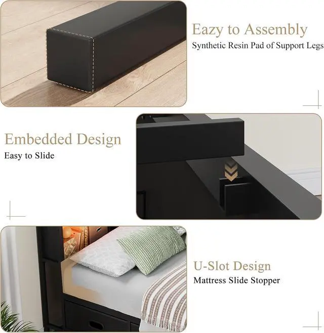 Alt view image 4 of 7 - Full Size Corner Bed Frame with LED Lights, Charging Station & 8-Bookcase Headboard, Metal Platform Corner Bed with 4 Storage Drawers, Full Daybed for Kids Teens Guests, Black