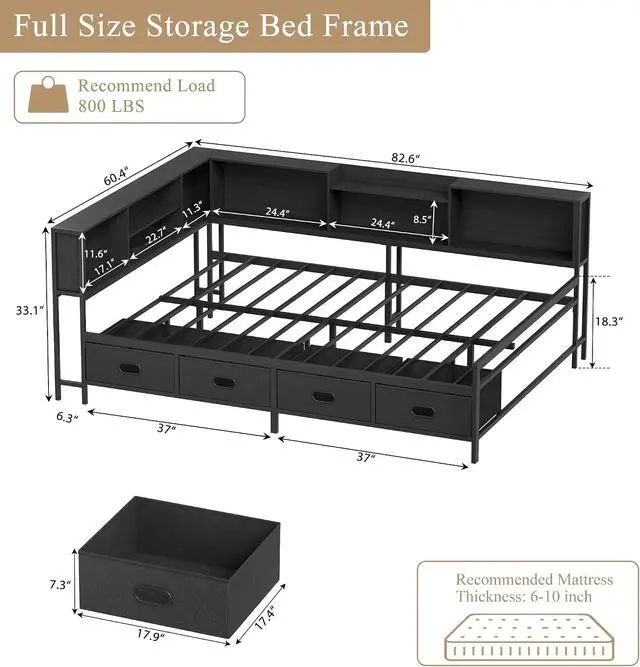 Alt view image 3 of 7 - Full Size Corner Bed Frame with LED Lights, Charging Station & 8-Bookcase Headboard, Metal Platform Corner Bed with 4 Storage Drawers, Full Daybed for Kids Teens Guests, Black