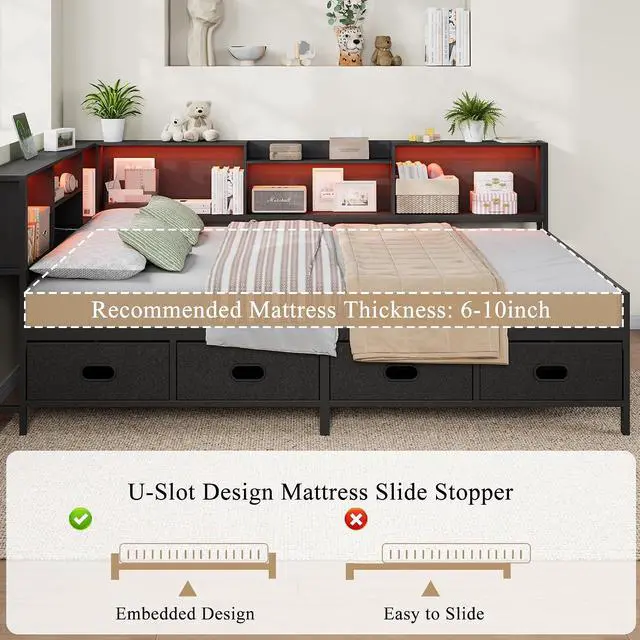 Alt view image 6 of 7 - Full Size Corner Bed Frame with LED Lights, Charging Station & 8-Bookcase Headboard, Metal Platform Corner Bed with 4 Storage Drawers, Full Daybed for Kids Teens Guests, Black