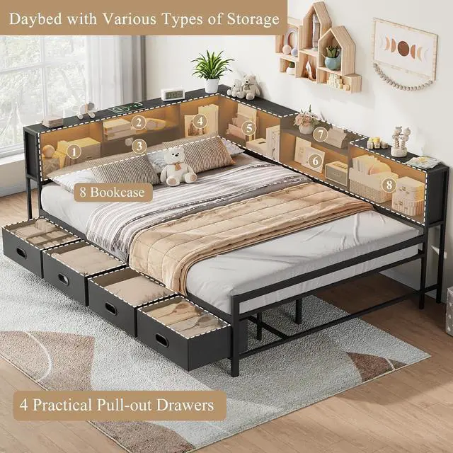 Alt view image 5 of 7 - Full Size Corner Bed Frame with LED Lights, Charging Station & 8-Bookcase Headboard, Metal Platform Corner Bed with 4 Storage Drawers, Full Daybed for Kids Teens Guests, Black