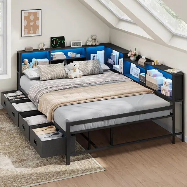 Main image of Full Size Corner Bed Frame with LED Lights, Charging Station & 8-Bookcase Headboard, Metal Platform Corner Bed with 4 Storage Drawers, Full Daybed for Kids Teens Guests, Black