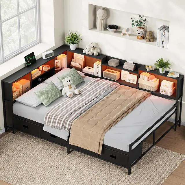 Alt view image 2 of 7 - Full Size Corner Bed Frame with LED Lights, Charging Station & 8-Bookcase Headboard, Metal Platform Corner Bed with 4 Storage Drawers, Full Daybed for Kids Teens Guests, Black