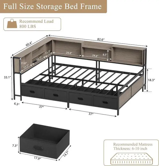 Alt view image 4 of 7 - Full Size Corner Bed Frame with LED Lights, Charging Station & 8-Bookcase Headboard, Metal Platform Corner Bed with 4 Storage Drawers, Full Daybed for Kids Teens Guests, Gray