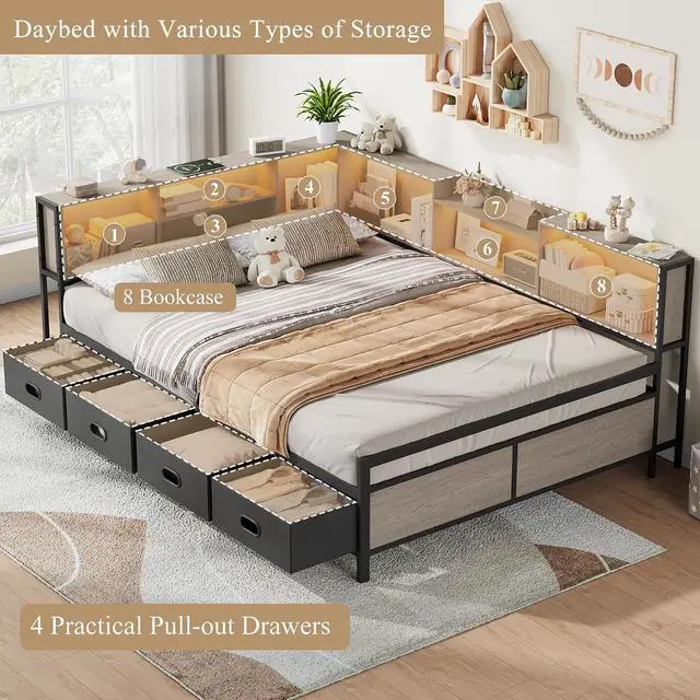 Alt view image 6 of 7 - Full Size Corner Bed Frame with LED Lights, Charging Station & 8-Bookcase Headboard, Metal Platform Corner Bed with 4 Storage Drawers, Full Daybed for Kids Teens Guests, Gray