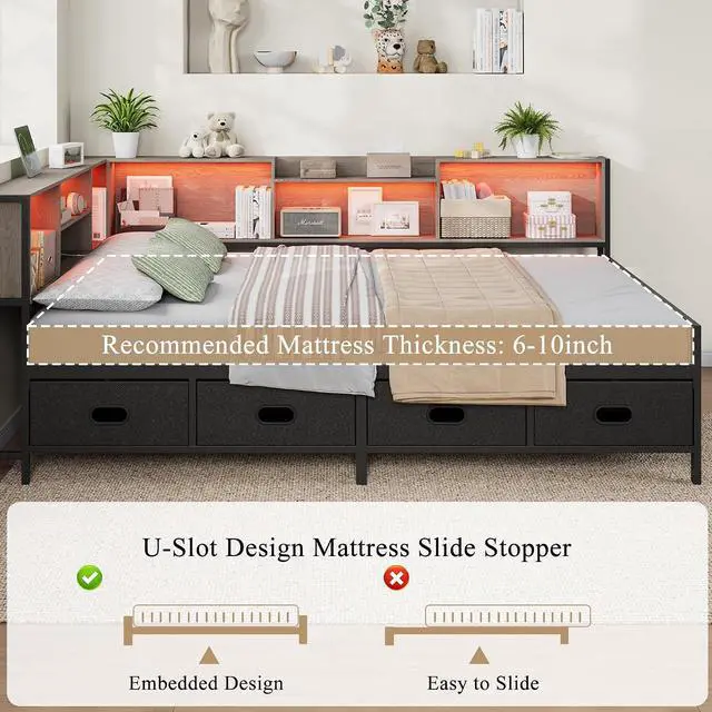 Alt view image 7 of 7 - Full Size Corner Bed Frame with LED Lights, Charging Station & 8-Bookcase Headboard, Metal Platform Corner Bed with 4 Storage Drawers, Full Daybed for Kids Teens Guests, Gray