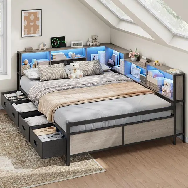 Main image of Full Size Corner Bed Frame with LED Lights, Charging Station & 8-Bookcase Headboard, Metal Platform Corner Bed with 4 Storage Drawers, Full Daybed for Kids Teens Guests, Gray