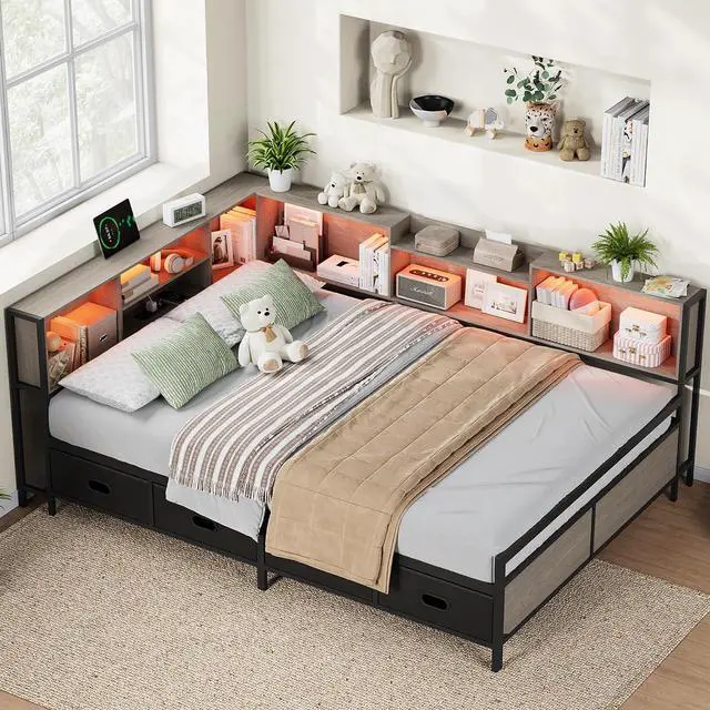 Alt view image 2 of 7 - Full Size Corner Bed Frame with LED Lights, Charging Station & 8-Bookcase Headboard, Metal Platform Corner Bed with 4 Storage Drawers, Full Daybed for Kids Teens Guests, Gray