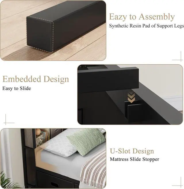 Alt view image 3 of 7 - Full Size Corner Bed Frame with LED Lights, Charging Station & 8-Bookcase Headboard, Metal Platform Corner Bed with 4 Storage Drawers, Full Daybed for Kids Teens Guests, Gray