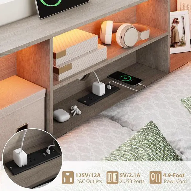 Alt view image 5 of 7 - Full Size Corner Bed Frame with LED Lights, Charging Station & 8-Bookcase Headboard, Metal Platform Corner Bed with 4 Storage Drawers, Full Daybed for Kids Teens Guests, Gray