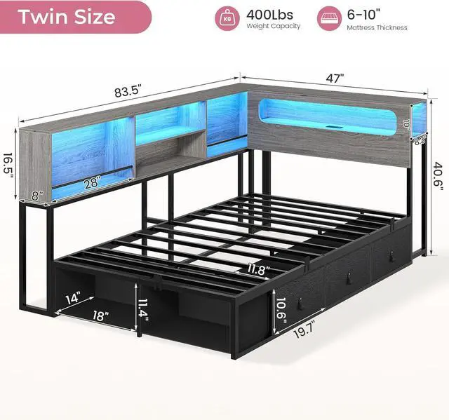 Alt view image 4 of 7 - Twin Corner Bed Frame with Bookcase Storage & Headboard, Grey | Charging Station, RGB Lights, Metal Daybed with 3 Drawers & 2 Open Cubbies, No Box Spring Needed, for Small Bedrooms,Black&oak Grey