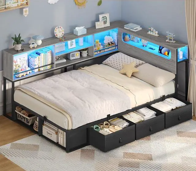 Main image of Twin Corner Bed Frame with Bookcase Storage & Headboard, Grey | Charging Station, RGB Lights, Metal Daybed with 3 Drawers & 2 Open Cubbies, No Box Spring Needed, for Small Bedrooms,Black&oak Grey