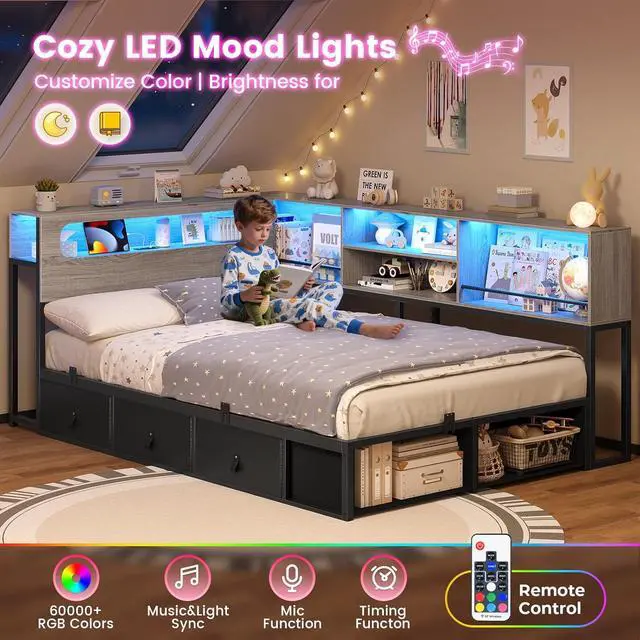 Alt view image 6 of 7 - Twin Corner Bed Frame with Bookcase Storage & Headboard, Grey | Charging Station, RGB Lights, Metal Daybed with 3 Drawers & 2 Open Cubbies, No Box Spring Needed, for Small Bedrooms,Black&oak Grey