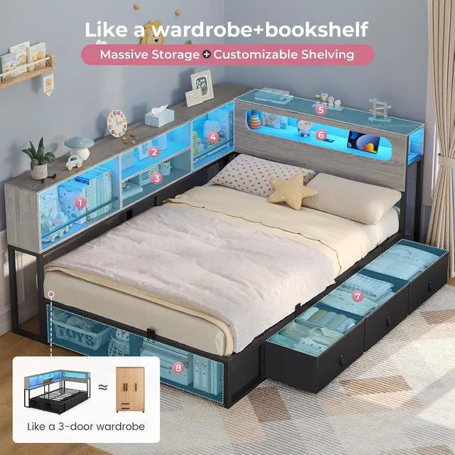 Alt view image 2 of 7 - Twin Corner Bed Frame with Bookcase Storage & Headboard, Grey | Charging Station, RGB Lights, Metal Daybed with 3 Drawers & 2 Open Cubbies, No Box Spring Needed, for Small Bedrooms,Black&oak Grey