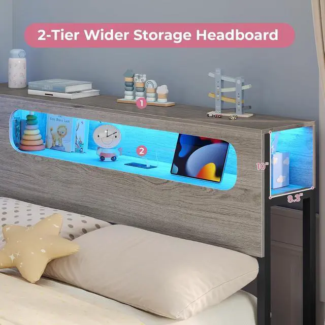 Alt view image 7 of 7 - Twin Corner Bed Frame with Bookcase Storage & Headboard, Grey | Charging Station, RGB Lights, Metal Daybed with 3 Drawers & 2 Open Cubbies, No Box Spring Needed, for Small Bedrooms,Black&oak Grey