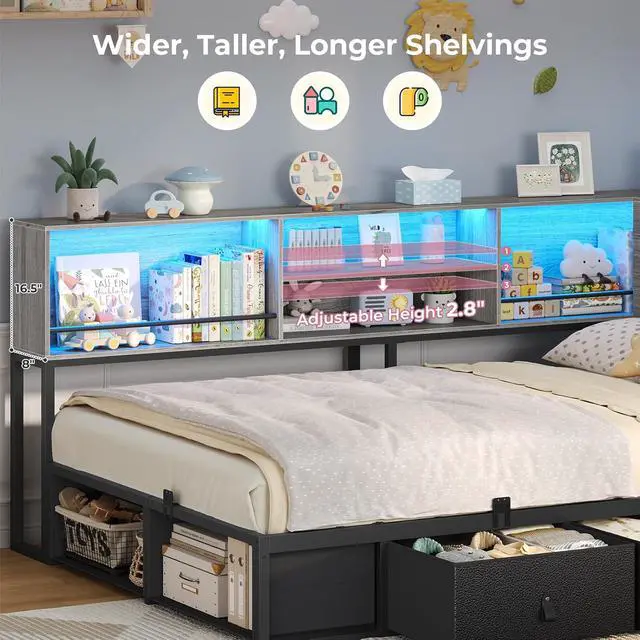Alt view image 5 of 7 - Twin Corner Bed Frame with Bookcase Storage & Headboard, Grey | Charging Station, RGB Lights, Metal Daybed with 3 Drawers & 2 Open Cubbies, No Box Spring Needed, for Small Bedrooms,Black&oak Grey