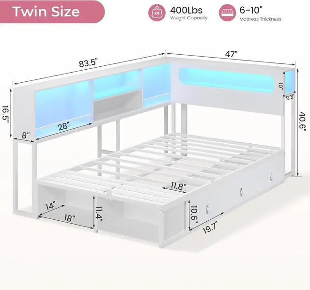 Alt view image 6 of 7 - Twin Corner Bed Frame with Bookcase Storage & LED Headboard, White | Charging Station, RGB Lights, Metal Daybed with 3 Drawers & 2 Open Cubbies, No Box Spring Needed, for Small Bedrooms,,White