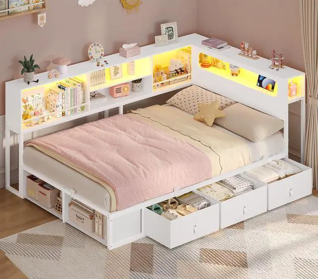 Main image of Twin Corner Bed Frame with Bookcase Storage & LED Headboard, White | Charging Station, RGB Lights, Metal Daybed with 3 Drawers & 2 Open Cubbies, No Box Spring Needed, for Small Bedrooms,,White