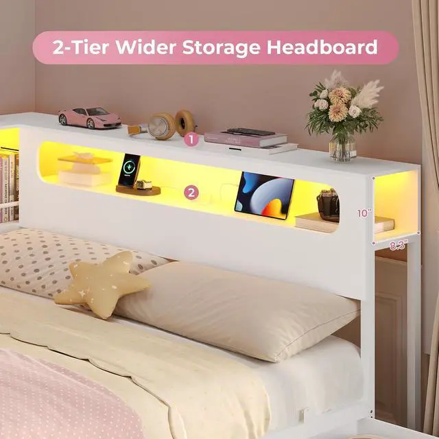 Alt view image 2 of 7 - Twin Corner Bed Frame with Bookcase Storage & LED Headboard, White | Charging Station, RGB Lights, Metal Daybed with 3 Drawers & 2 Open Cubbies, No Box Spring Needed, for Small Bedrooms,,White