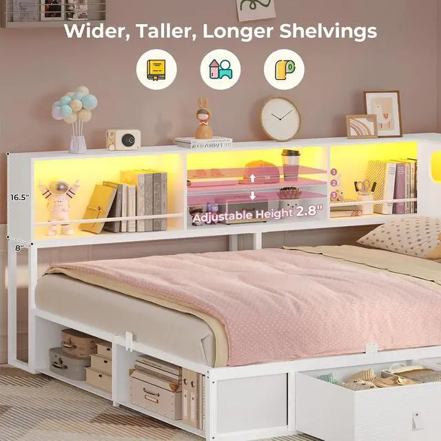 Alt view image 4 of 7 - Twin Corner Bed Frame with Bookcase Storage & LED Headboard, White | Charging Station, RGB Lights, Metal Daybed with 3 Drawers & 2 Open Cubbies, No Box Spring Needed, for Small Bedrooms,,White