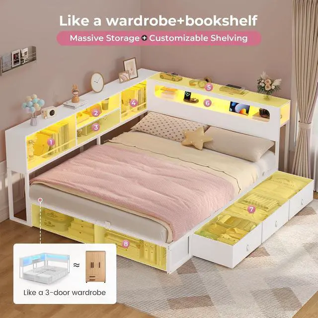 Alt view image 7 of 7 - Twin Corner Bed Frame with Bookcase Storage & LED Headboard, White | Charging Station, RGB Lights, Metal Daybed with 3 Drawers & 2 Open Cubbies, No Box Spring Needed, for Small Bedrooms,,White
