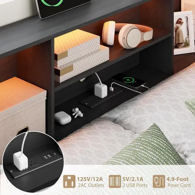 Alt view image 7 of 7 - Twin Size Corner Bed Frame with 8 Bookcase Headboard & 4 Storage Drawers, Twin Metal Platform Bed with LED Light Strip & Charging Station, Twin Daybed for Kids Teens Guests, Black